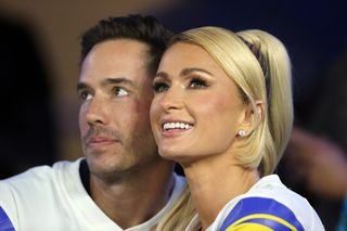 Paris Hilton and fiance Carter Milliken Reum are seen during the first quarter of the game between the Los Angeles Rams and the Tennessee Titans at SoFi Stadium on November 07, 2021 in Inglewood, California.