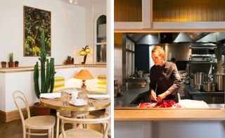 Left: a table set for four with cacti and succulents. Right: a female chef preparing ingredients