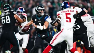 Philadelphia Eagles Quarterback Jalen Hurts (1) looks to pass in the first half during the game between the New York Giants and Philadelphia Eagles on December 25, 2023 at Lincoln Financial Field in Philadelphia, PA.