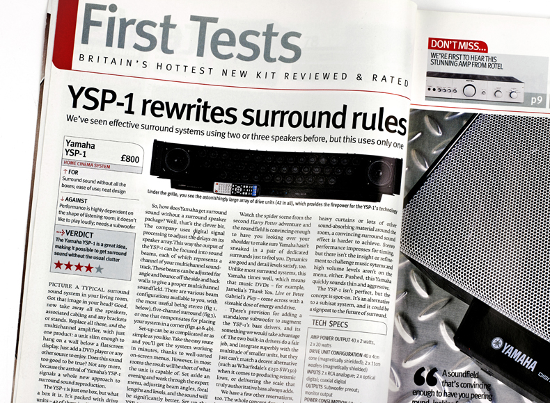 A picture of a What Hi-Fi? magazine page showing the original review of the Yamaha YSP-1 soundbar