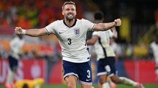 Luke Shaw celebrates an England goal at Euro 2024