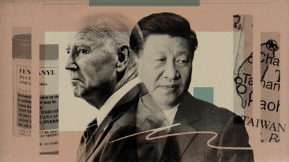Illustration of Joe Biden and Xi Jinping with background images of a container of fentanyl and a map of Taiwan