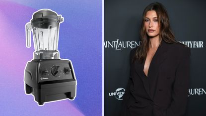 Blender on purple background on left, Hailey Bieber against black background on right