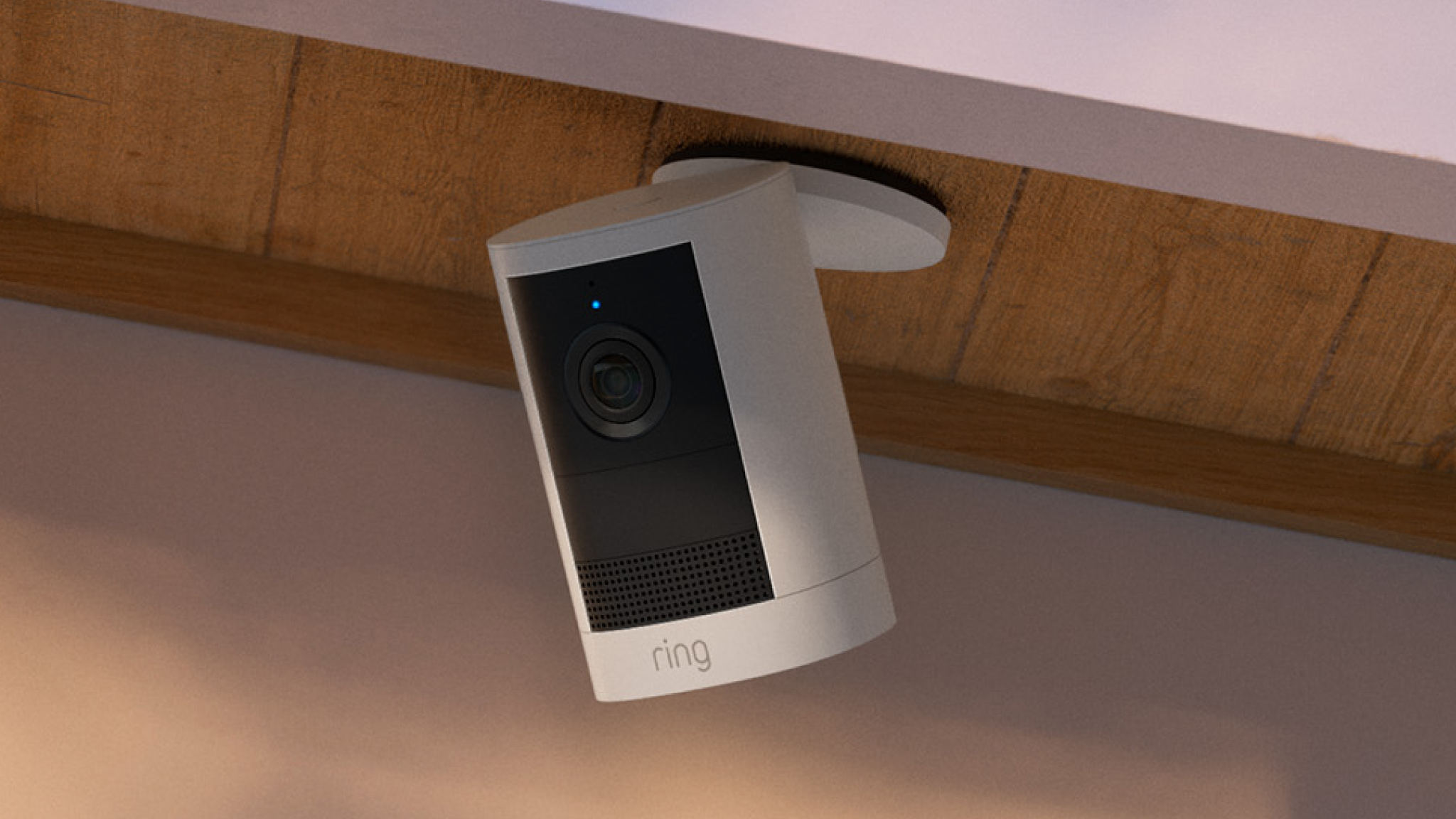 The Ring Outdoor Camera 2nd gen mounted underneath a roof