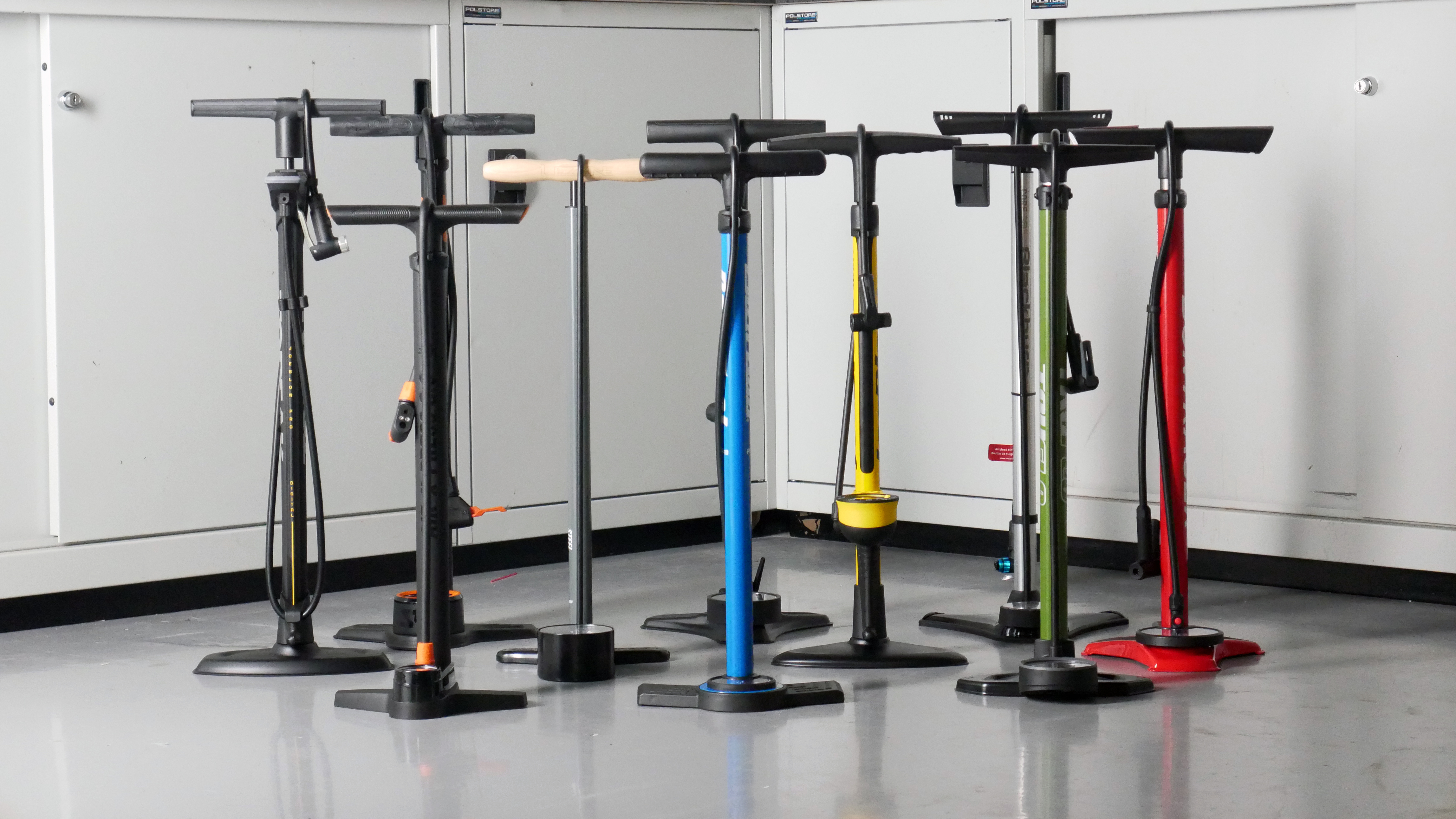 A group image of all the pumps featured in our best floor pumps group test