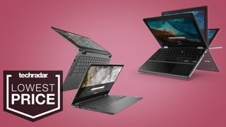Budget laptops and Chromebooks on a pink background next to a TechRadar badge reading 'LOWEST PRICE'.