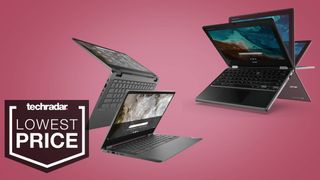 Budget laptops and Chromebooks on a pink background next to a TechRadar badge reading &#039;LOWEST PRICE&#039;.