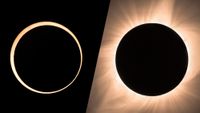 2 panel image showing ring of fire eclipse on the left and a total solar eclipse on the right, both are coming in 2027