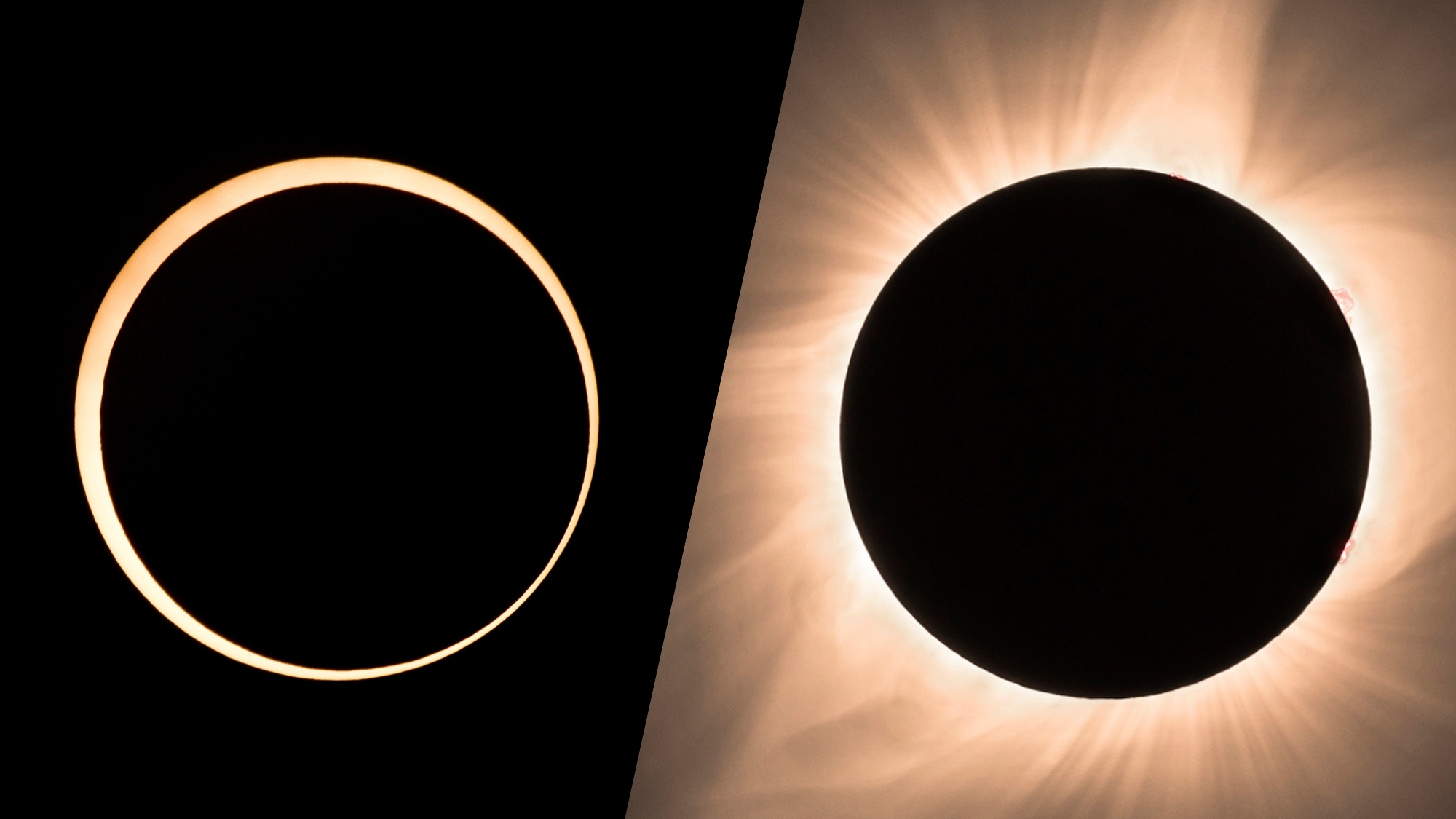 2 panel image showing ring of fire eclipse on the left and a total solar eclipse on the right, both are coming in 2027