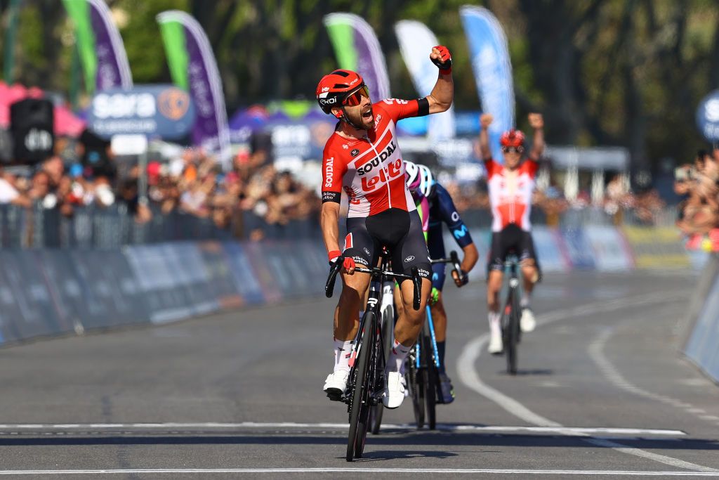 NAPOLI ITALY MAY 14 Thomas De Gendt of Belgium and Team Lotto Soudal celebrates winning ahead of Davide Gabburo of Italy and Team Bardiani CSF Faizane and Jorge Arcas Pea of Spain and Movistar Team during the 105th Giro dItalia 2022 Stage 8 a 153km stage from Napoli to Napoli Giro WorldTour on May 14 2022 in Napoli Italy Photo by Michael SteeleGetty Images