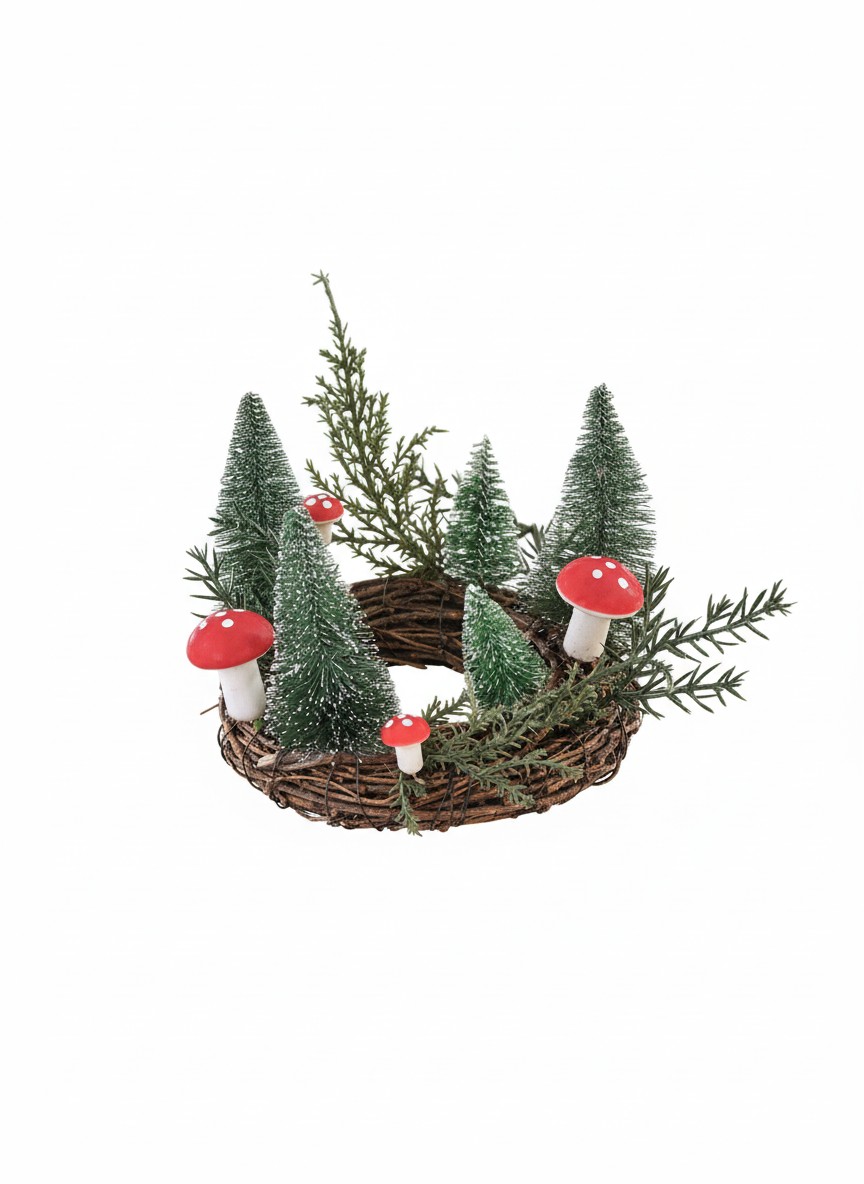 14cm Winter Mushroom and Rattan Candle Holder