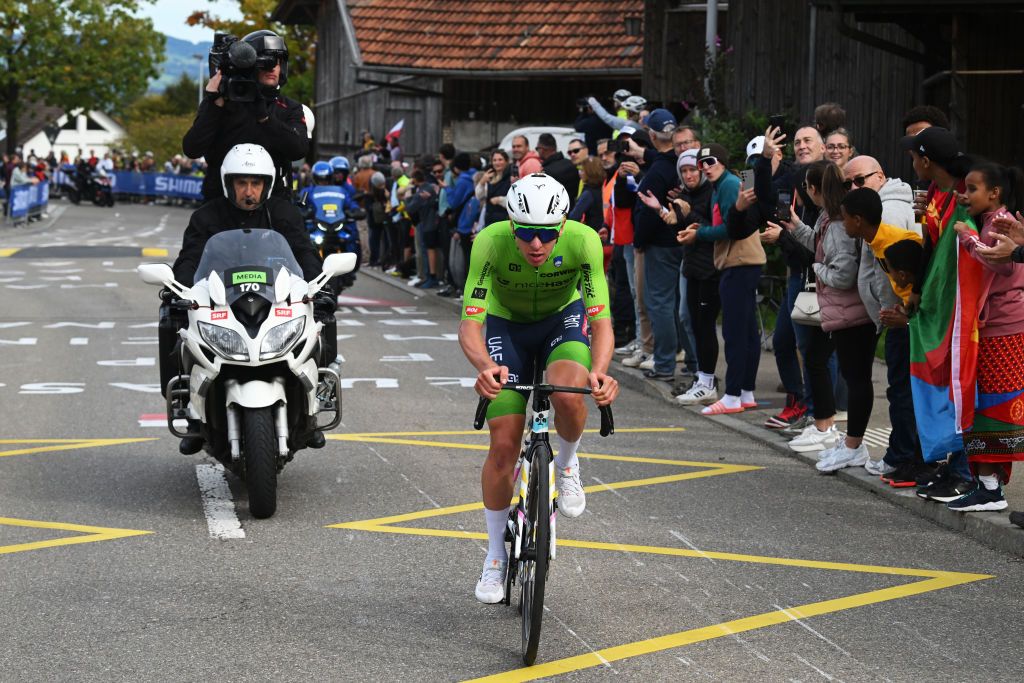 ZURICH SWITZERLAND SEPTEMBER 29 Tadej Pogacar of Team Slovenia competes during the 97th UCI Cycling World Championships Zurich 2024 Mens Elite Road Race a 2739km one day race from Winterthur to Zurich on September 29 2024 in Zurich Switzerland Photo by Dario BelingheriGetty Images