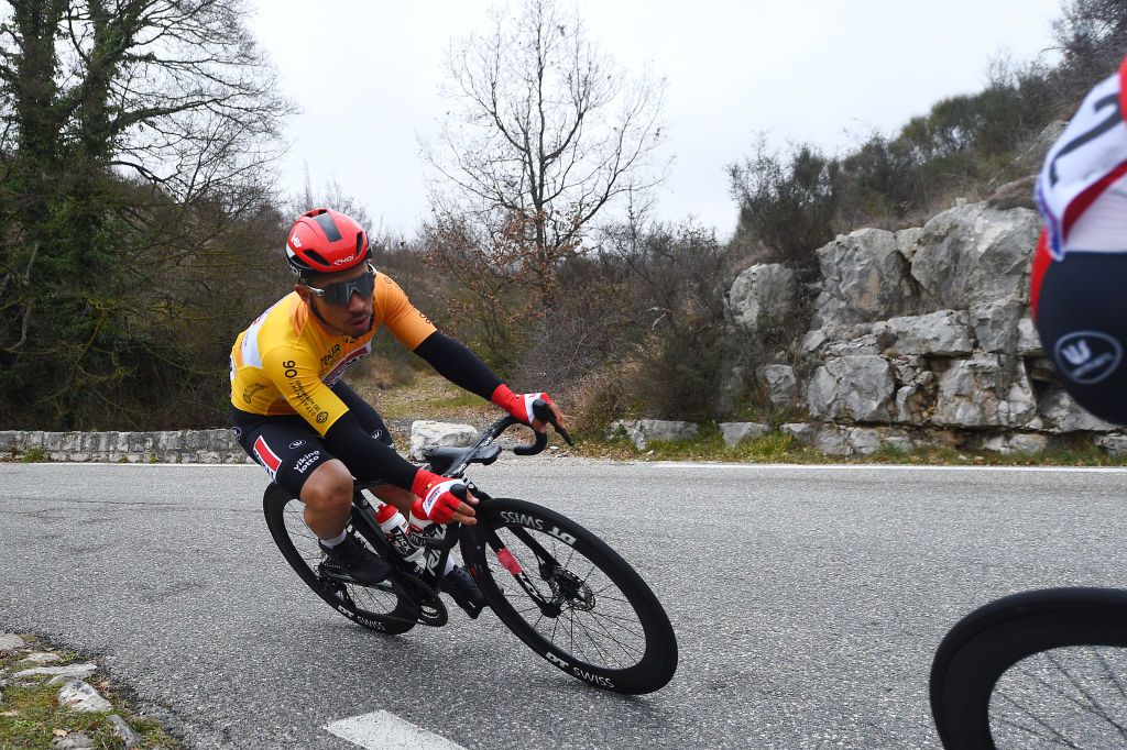 LA TURBIE FRANCE FEBRUARY 19 Caleb Ewan of Australia and Team Lotto Soudal Yellow Leader Jersey competes during the 54th Tour Des Alpes Maritimes Et Du Var Stage 2 a 1491km stage from PugetThniers to La Turbie on February 19 2022 in La Turbie France Photo by Dario BelingheriGetty Images
