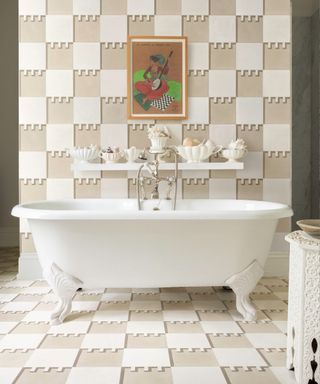 Suzanne Sharp bathroom with Mosaic Factory neutral patterned wall and floor tiles