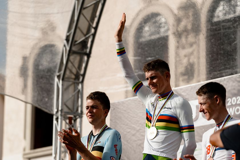 Picture by Thomas Maheux/SWpix.com - 07/10/2023 - Matej Mohoric of Slovenia wins the 2023 Men’s Elite UCI Gravel World Championships with Florian Vermeersch of Belgium in second and Connor Swift of Great Britain in third