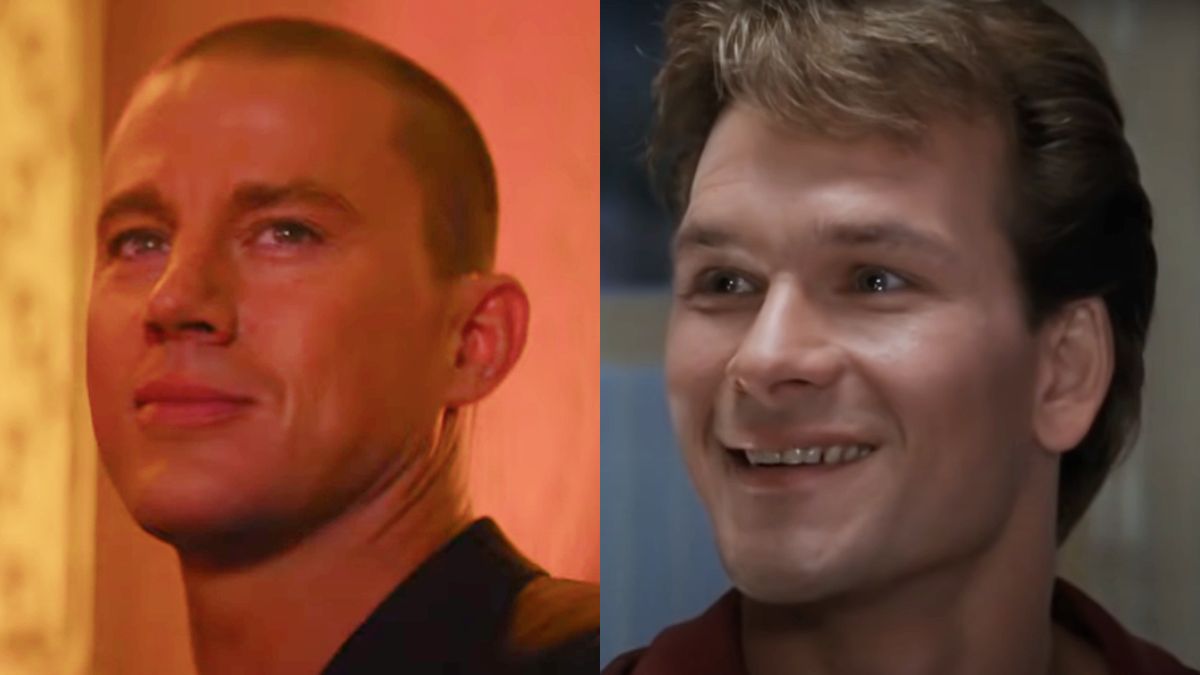 Channing Tatum smiles wistfully in Magic Mike&#039;s Last Dance and Patrick Swayze smiles tearfully in Ghost, pictured side-by-side