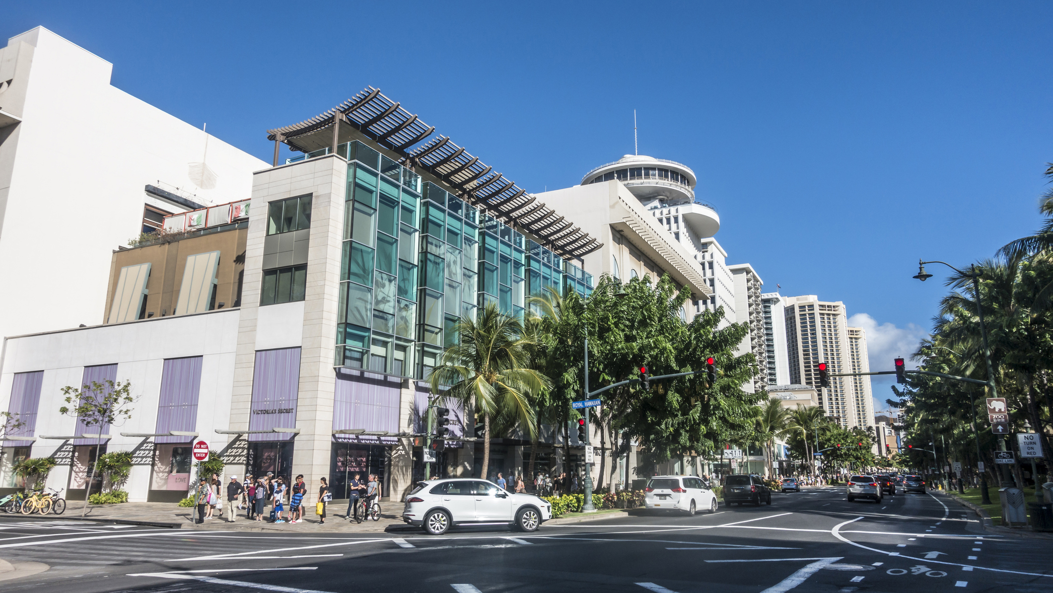 The Waikiki Mall adorned with wayfinding kiosks.
