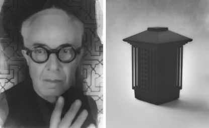 Left: Serge Lutens, photographed over Zoom. A short haired man with thick black frame oval glasses. Right: a pagoda-shaped fragrance diffuser