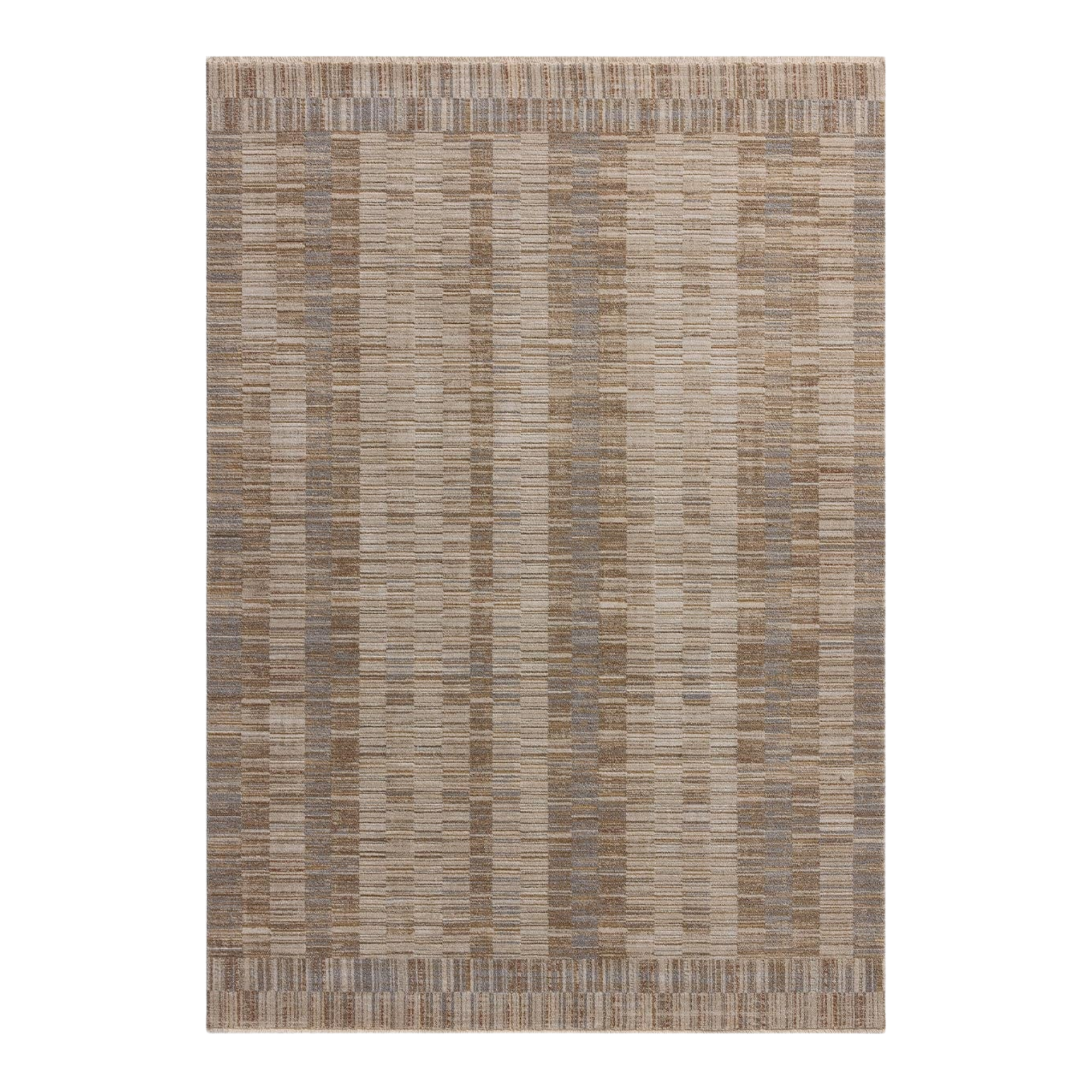a rug with a subtle gray, brown, and tan pattern