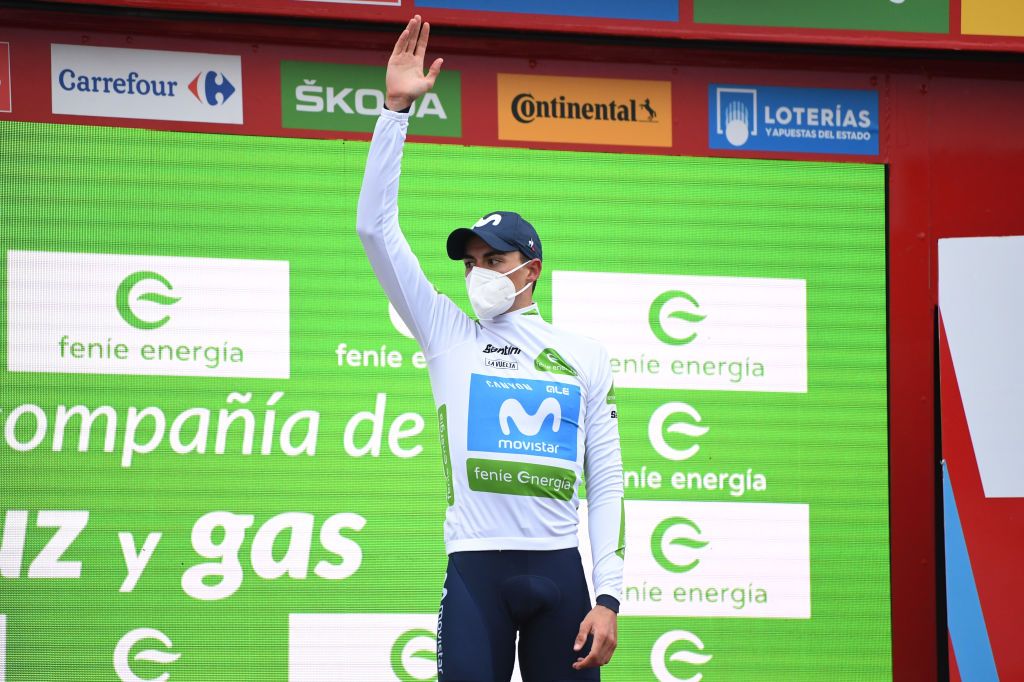 PUEBLA DE SANABRIA SPAIN NOVEMBER 05 Podium Enric Mas Nicolau of Spain and Movistar Team White Best Young Rider Jersey Celebration during the 75th Tour of Spain 2020 Stage 15 a 2308km stage from Mos to Puebla de Sanabria 924m lavuelta LaVuelta20 La Vuelta on November 05 2020 in Puebla de Sanabria Spain Photo by David RamosGetty Images