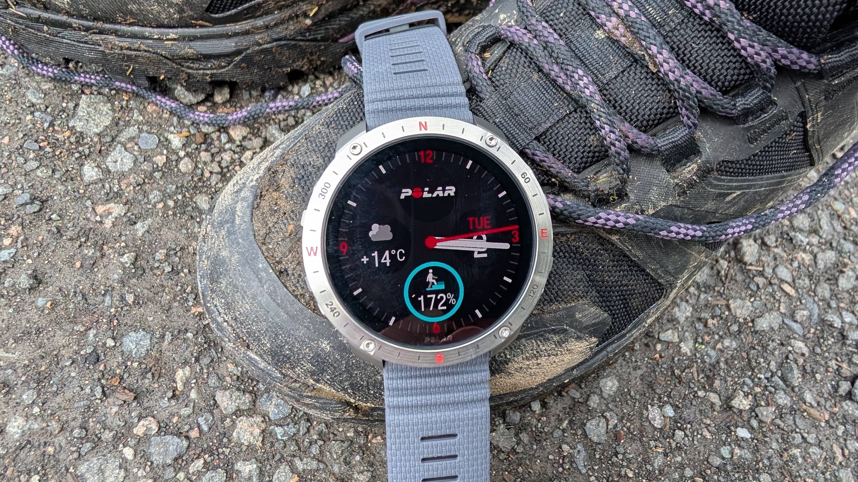 Polar Grit X2 Pro on hiking shoe in mud