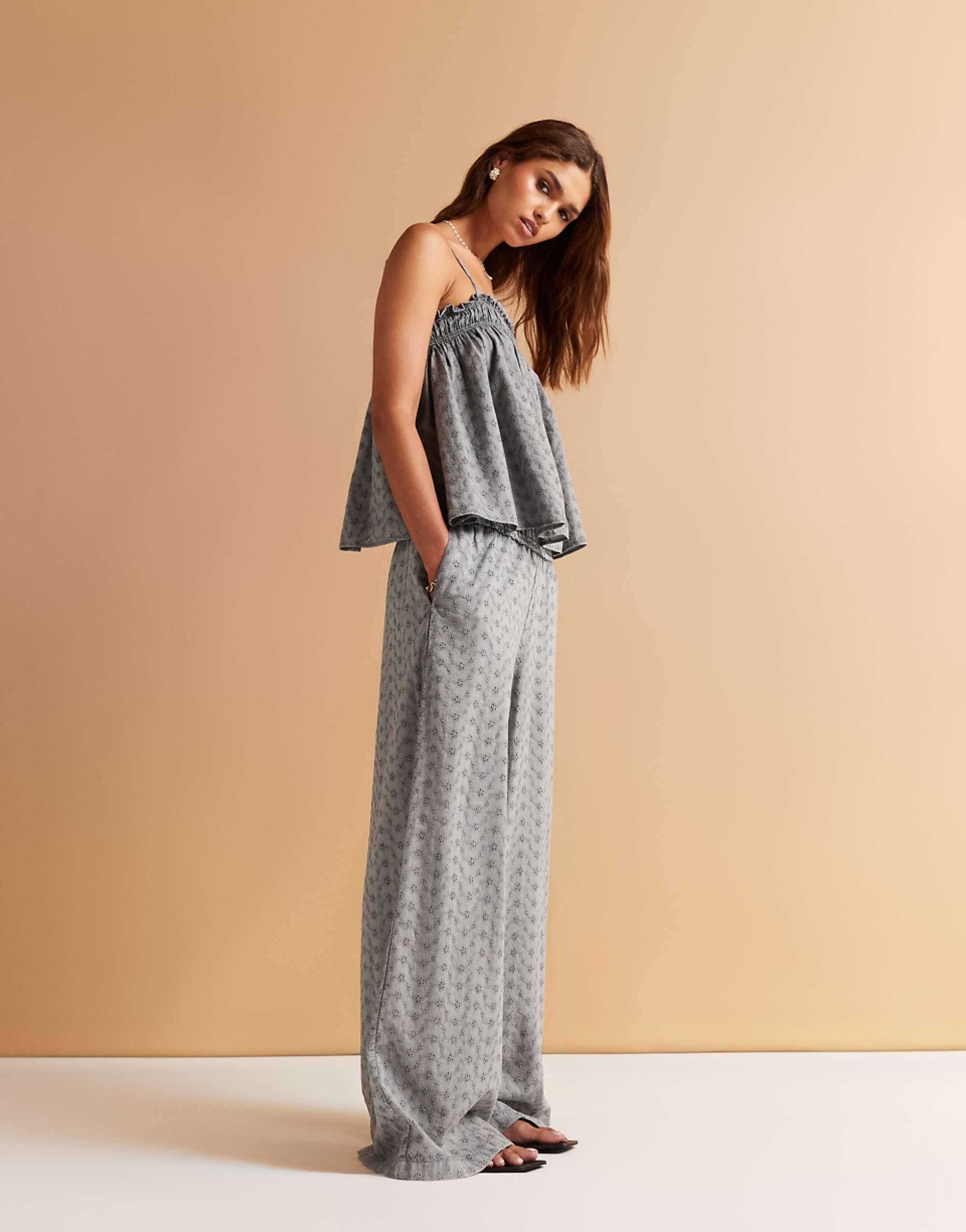 Asos Design Shirred Waist Wide Leg Broderie Trousers Co-Ord in Washed Grey