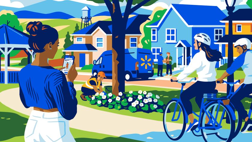 Walmart illustration showing an outdoor scene with people on bikes and a Walmart van