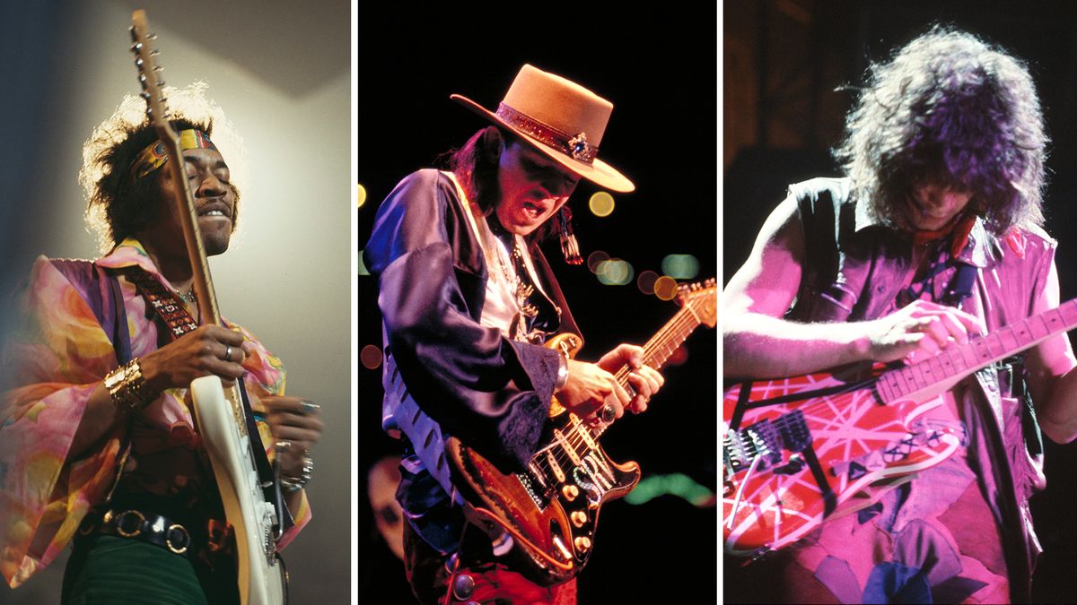 Images of Jimi Hendrix, Stevie Ray Vaughan and Eddie Van Halen playing guitar onstage