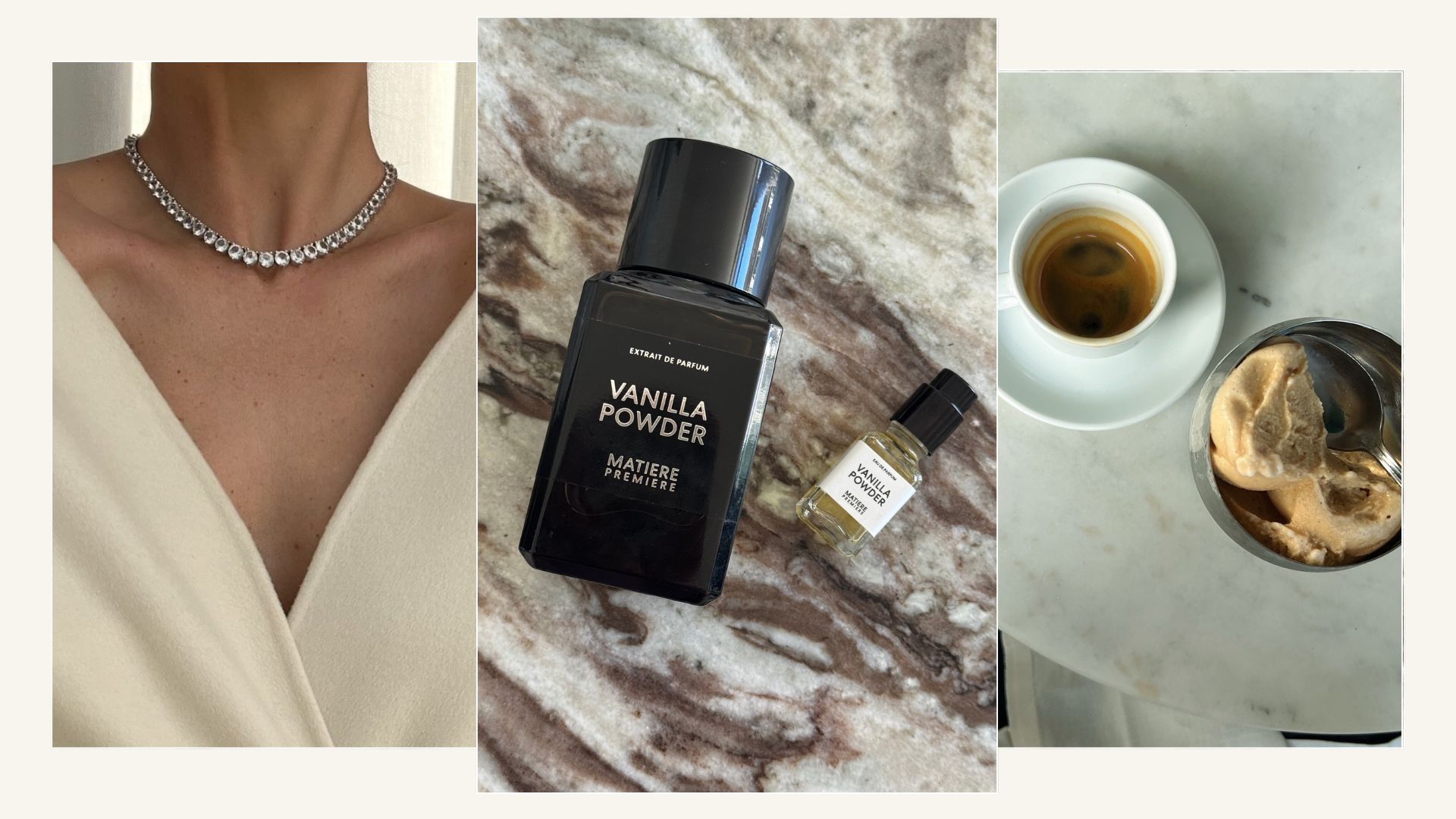 A collage featuring Matiere Premiere Vanilla Powder perfume bottles
