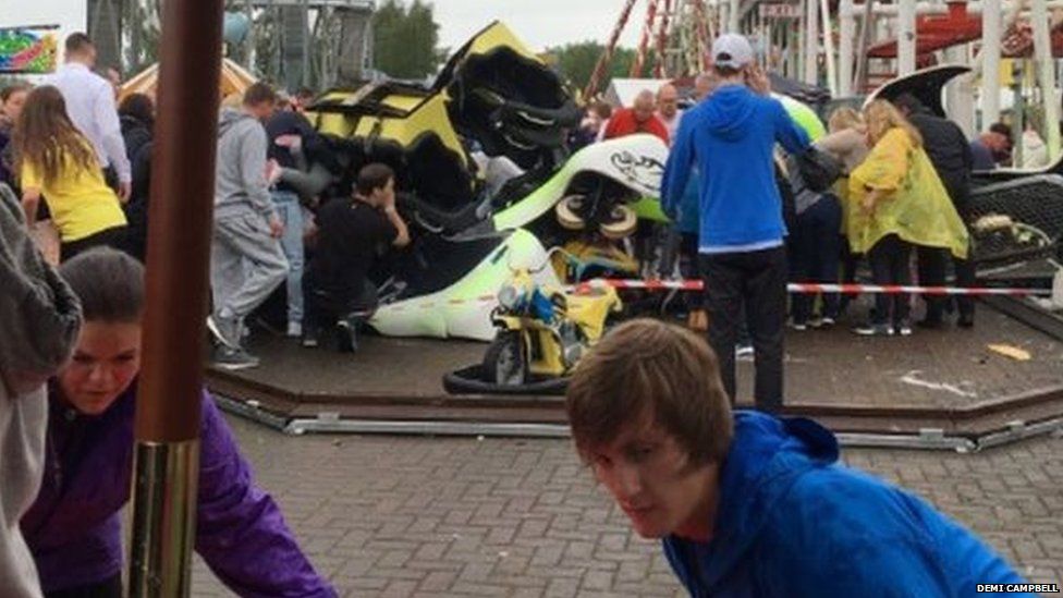 A derailed gondola from the Tsunami rollercoaster at the M&amp;amp;D theme park in Scotland.