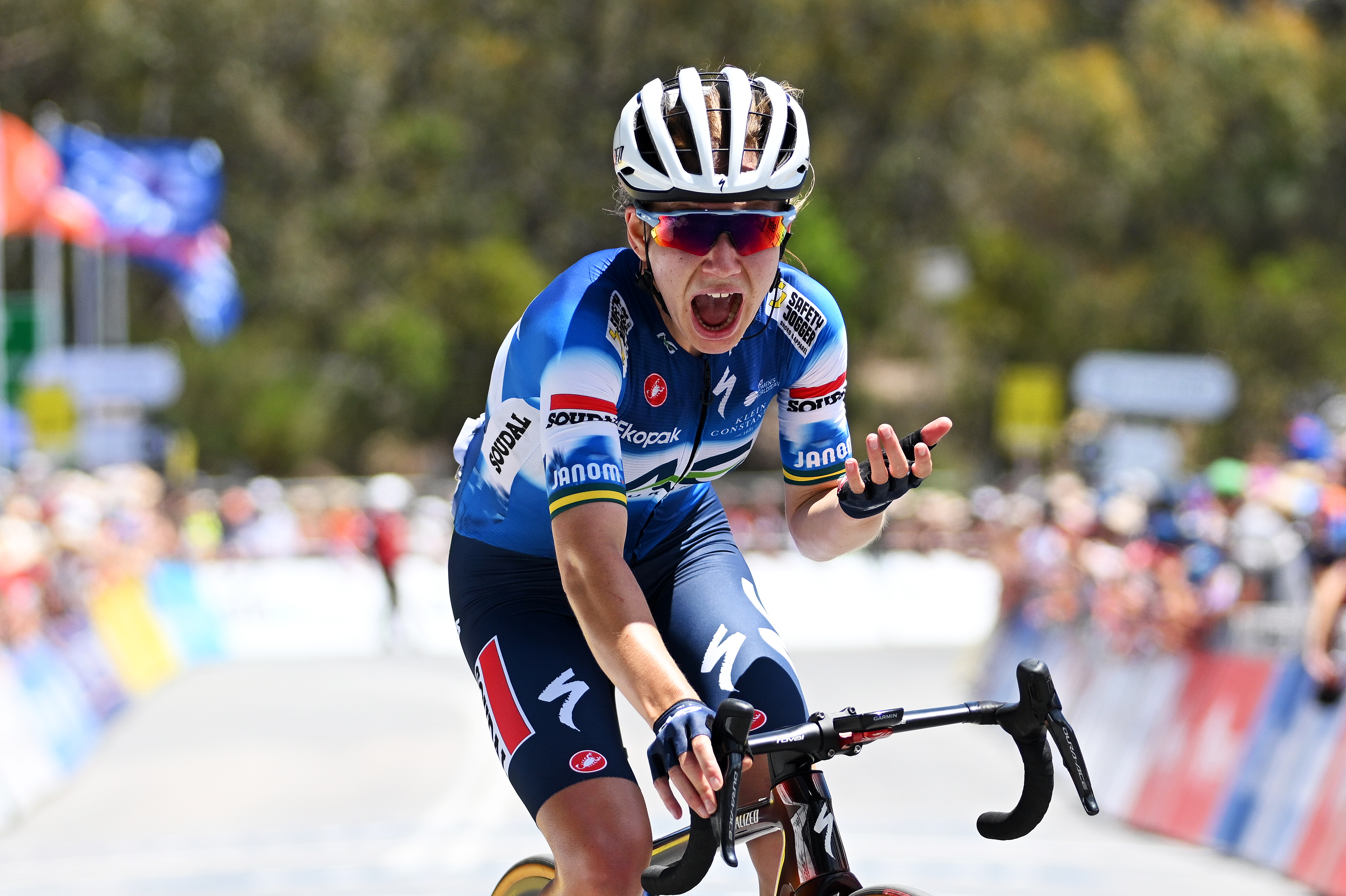 WILLUNGA HILL AUSTRALIA JANUARY 14 Sarah Gigante of Australia and AG Insurance Soudal Team celebrates at finish line as stage winner during the 8th Santos Womens Tour Down Under 2024 Stage 3 a 934km stage from Adelaide to Willunga Hill 370m UCIWWT on January 14 2024 in Willunga Hill Australia Photo by Tim de WaeleGetty Images