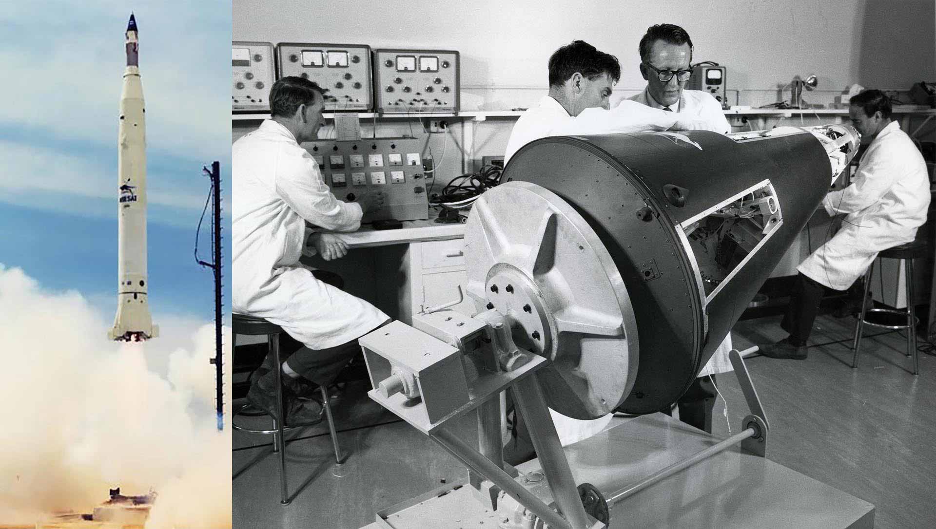 a montage of two photos showing a rocket launch and the satellite it carried being worked on by four men in white lab jackets.