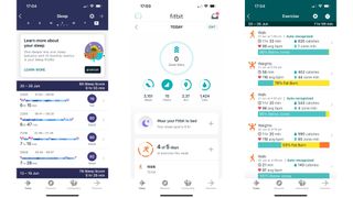 Three different insights from the Fitbit app: Sleep Score, Homepage and Exercise