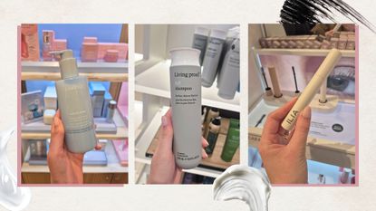 A trio of pictures that show Digital Beauty Writer, Naomi Jamieson's hand holding a Laneige cleaner, the Living Proof Full Shampoo and the Ilia Limitless lash mascara, taken in a SpaceNK store/ and in a template with skincare and makeup swatches.