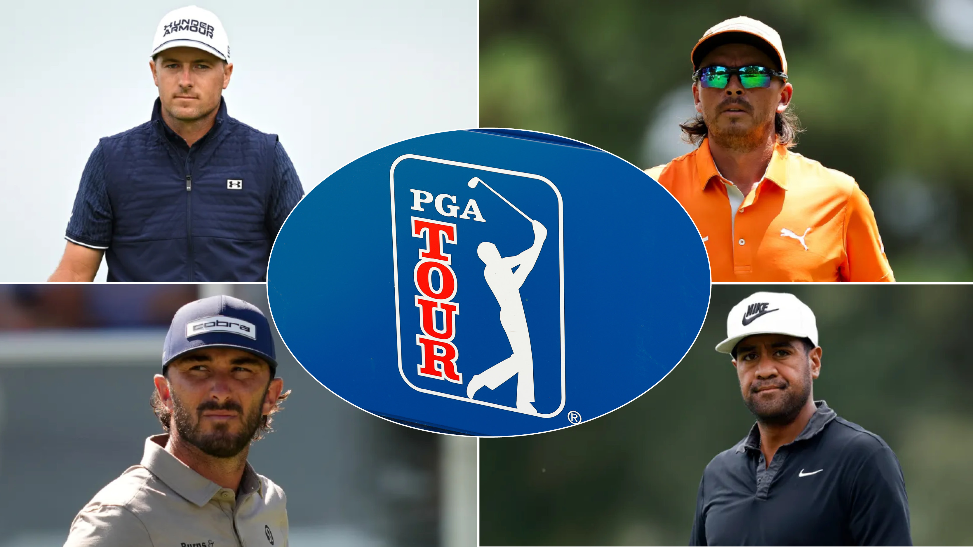 Jordan Spieth, Rickie Fowler, Max Homa, Tony Finau and a PGA Tour logo centered