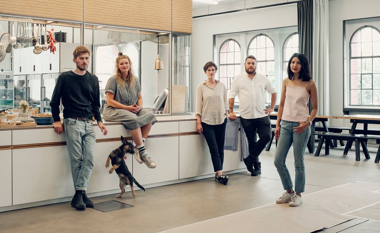 From left, Dylan Watson-Brawn, Victoria Eliasdóttir, Ruth Barry, Ramses Manneck and Dalad Kambhu photographed in the Studio Olafur Eliasson kitchen.