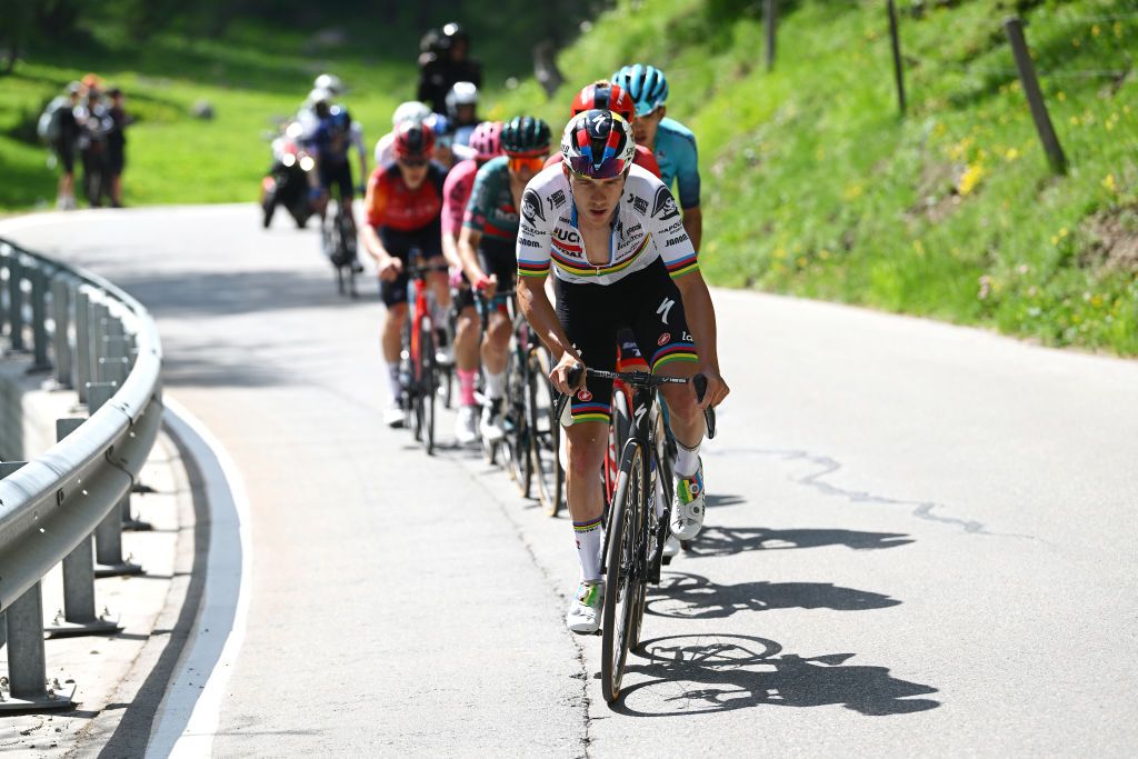LA PUNT SWITZERLAND JUNE 15 Remco Evenepoel of Belgium and Team Soudal QuickStep competes in the chase group during the 86th Tour de Suisse 2023 Stage 5 a 211km stage from Fiesch to La Punt 1696m UCIWT on June 15 2023 in La Punt Switzerland Photo by Dario BelingheriGetty Images