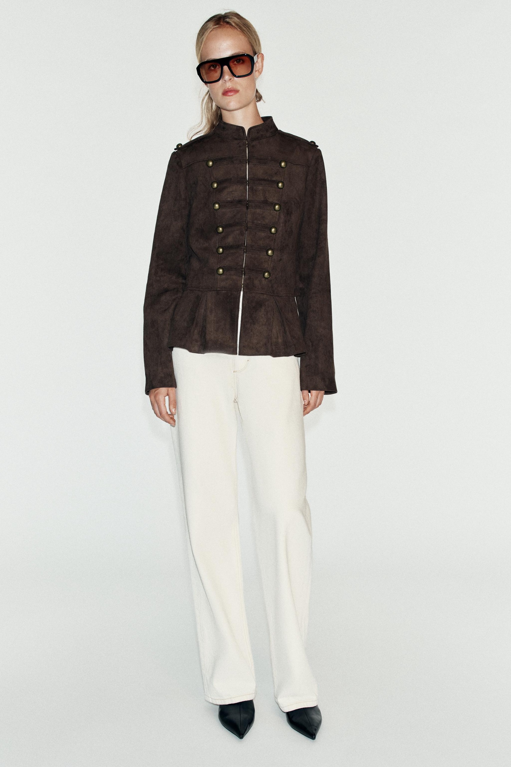 Peplum Jacket With Buttons - Brown - S
