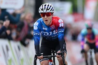 Grace Brown of Australia and Team FDJ Suez celebrates at finish line as race winner during the 8th Liege - Bastogne - Liege Femmes 2024 a 152.9km one day race from Bastogne to Liege