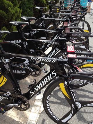 The Astana Specialized bikes await the riders