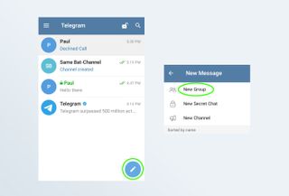 Screenshots of the steps to start a group chat in the Telegram Android app.
