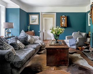 Brown living room with blue walls
