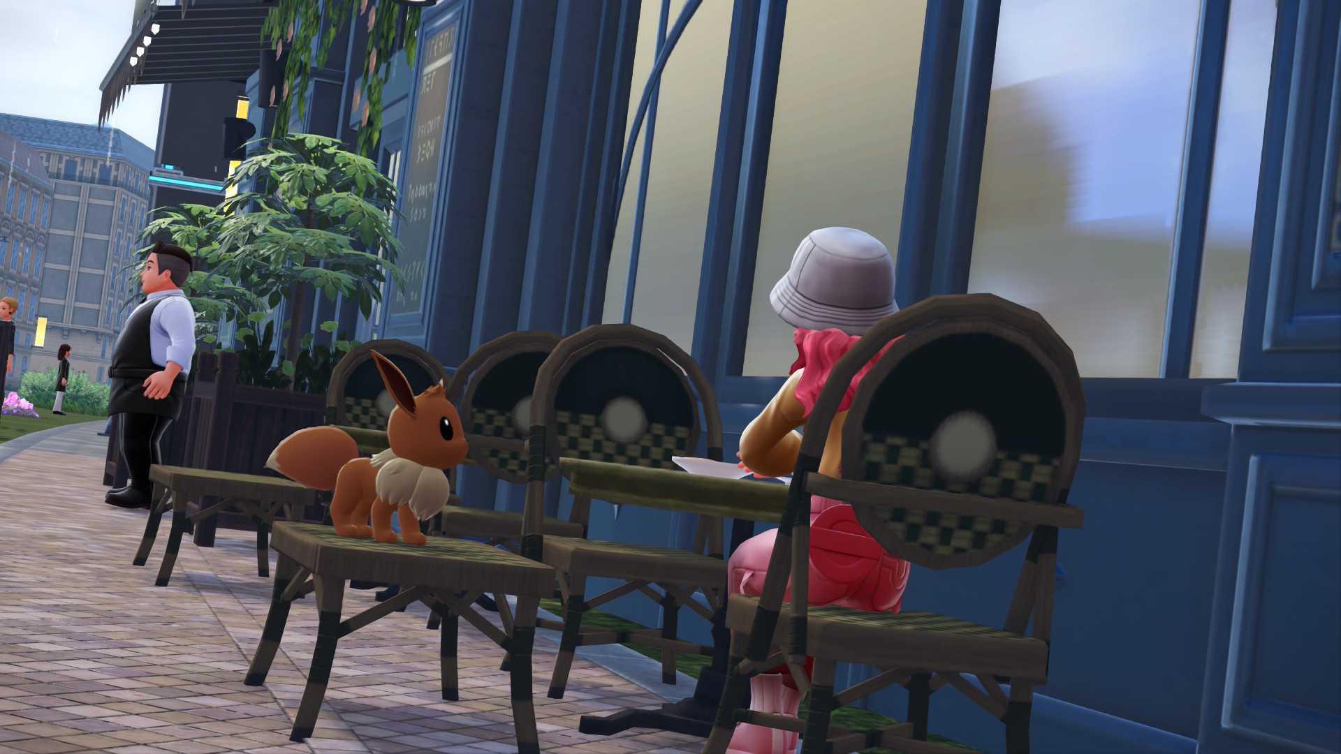 Eevee and a trainer sat at a cafe in Pokemon Legends: Z-A.