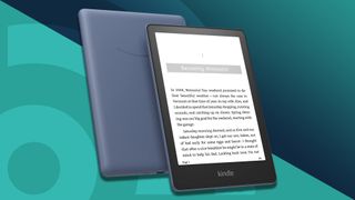 A Kindle Paperwhite on a blue background
