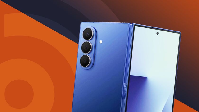 Best Samsung Phone banner with Galaxy Z Fold 7 in dark blue on an orange TechRadar background