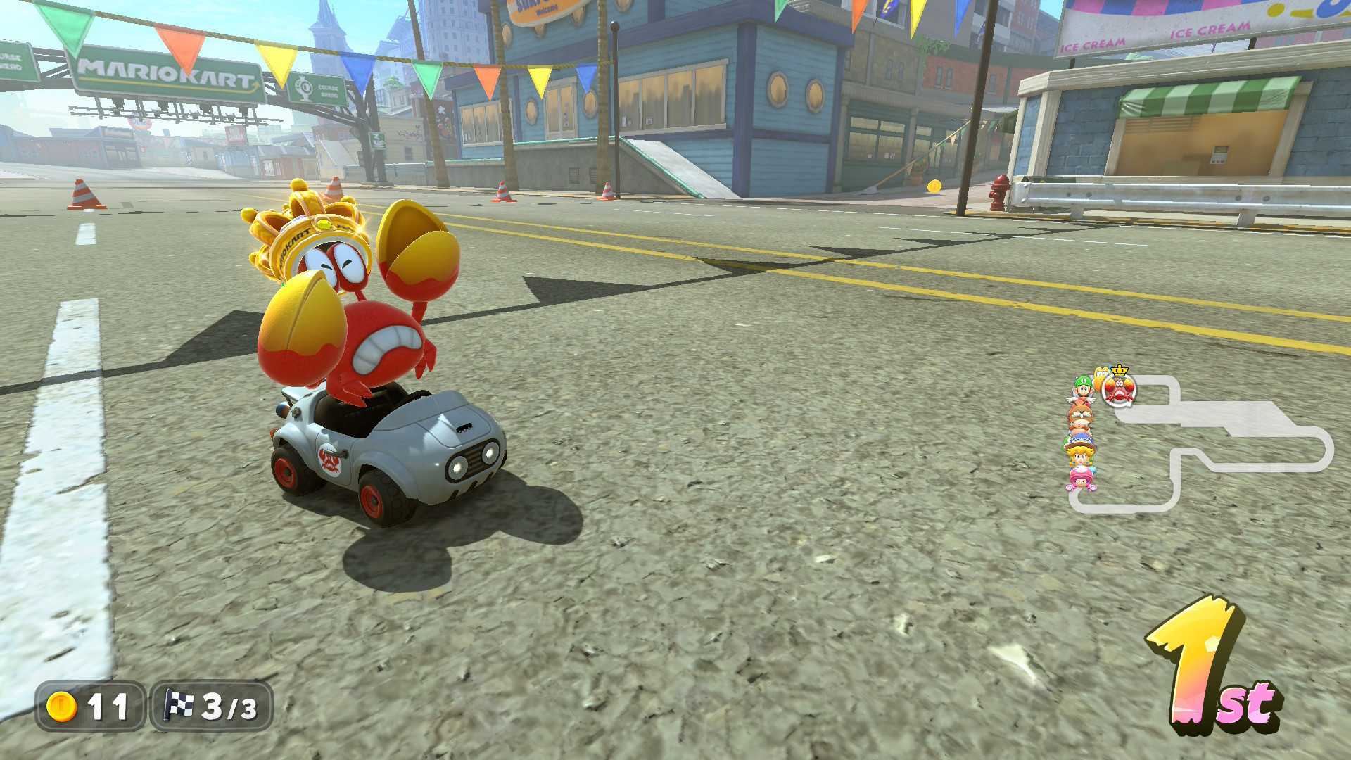 Sidestepper wearing a crown after winning a race in Mario Kart World