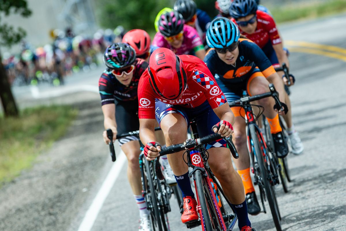 Riders chase hard on the front during stage 3 of the Colorado Classic on August 24, 2019 in Golden, Colorado.
