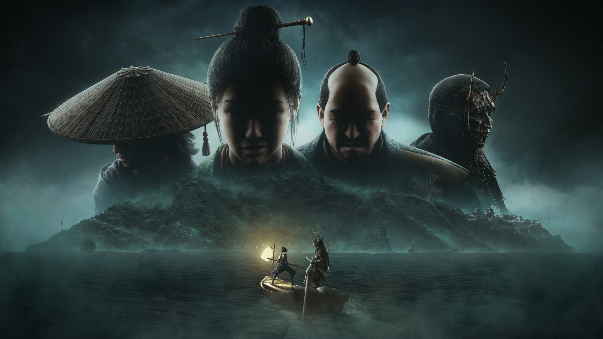 Assassin&#039;s Creed Shadows: Claws of Awaji artwork showing four mysterious leaders looming over the island of Awaji, while Naoe and Yasuke approach on a small boat