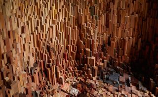 The design conjoins thousands of wooden blocks of differing sizes