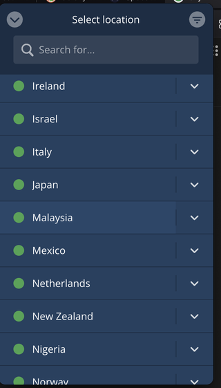 Mullvad's server list, displaying working servers in Ireland, Israel, Italy, Japan, Malaysia, Mexico, The Netherlands, New Zealand, Nigeria and Norway